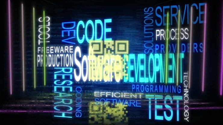 Animation of texts over qr code and data processing on black background