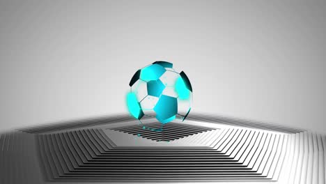 animation of 3d football shape over concentric grey hexagonal lines and grey background