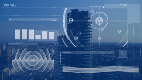 animation of data processing over cityscape