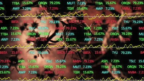 animation of stock market numbers and computer processors recording data with red coronavirus cell