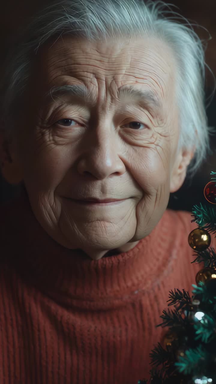 Vertical video: Framing senior Asian woman sharing holiday greeting at home beside decorated branch