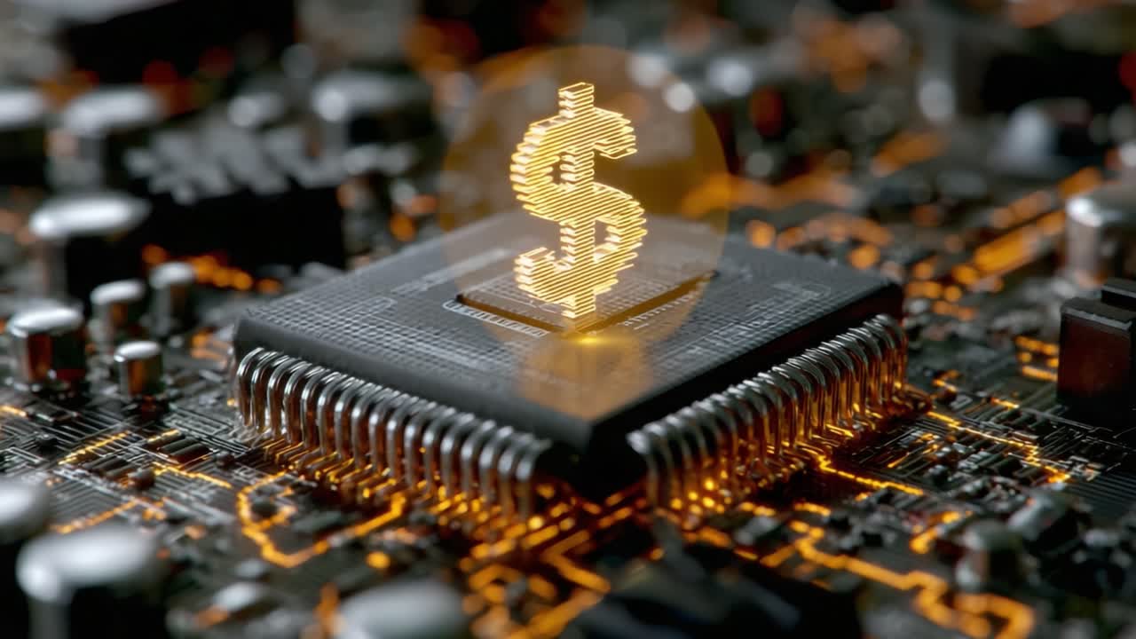 The Intersection of Technology and Finance: A Glittering Dollar Sign Emerges from a Computer Chip, Representing Innovation in Digital Currency and Financial Systems