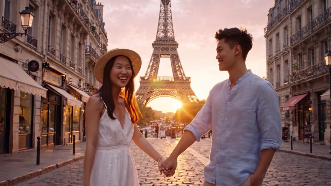 Romanttinen iltakävely Eiffel-tornin alla: Kaksi rakastavaista syleilee auringonlaskun aikaan nauttien Pariisin katujen maisemallisesta kauneudesta.
