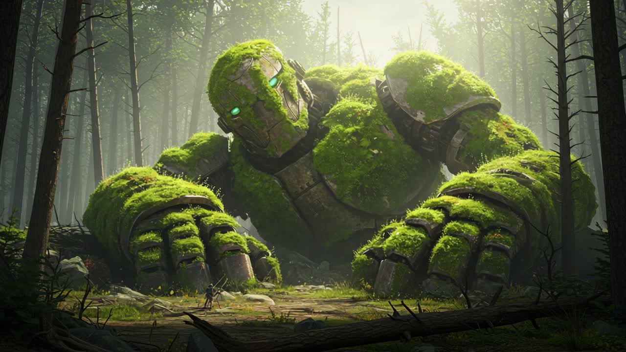 Eine riesige grüne Wächterfigur: Ein majestätischer, moosbedeckter Koloss erwacht im Zauberwald und umarmt die Natur und Magie in seiner uralten Gestalt