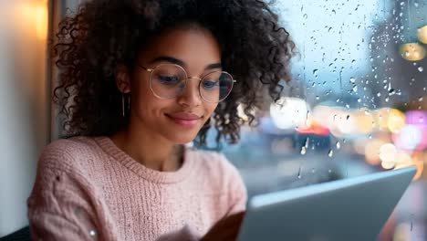 a woman wearing glasses looking at a laptop computer