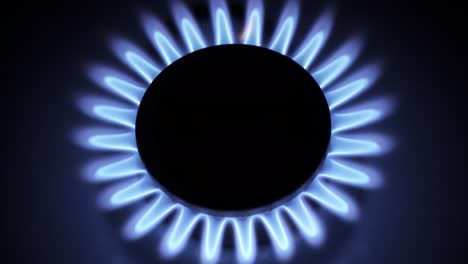 burning gas stove hob, blue flames macro close-up in the dark on a black background.  4k raw video with smooth camera movement.