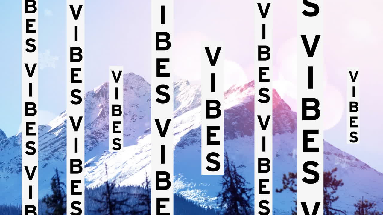 Text animation Vibes over snowy mountain landscape with trees