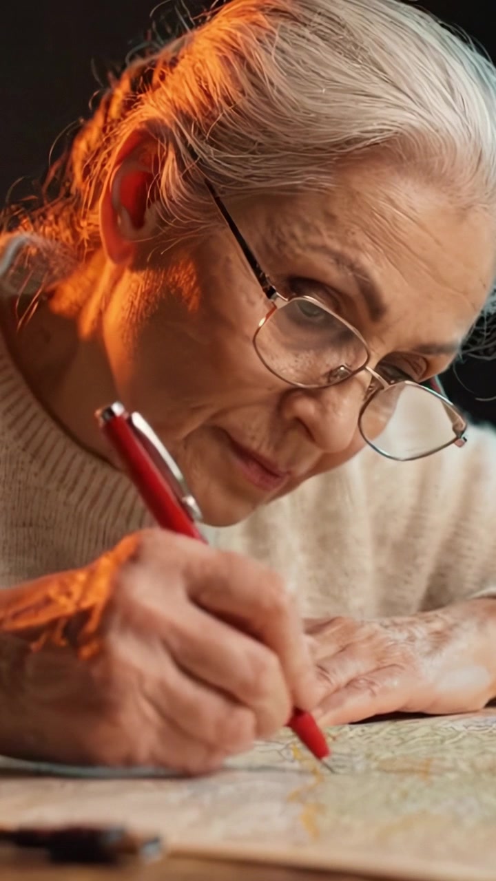 An elderly woman engaged in detailed coloring with a red pen, showcasing her love for art as she focuses intently on the intricate patterns on the page.