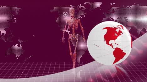 Animation-of-rotating-globe-over-moving-world-map-and-walking-model-of-human-body