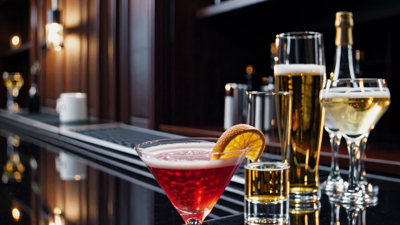 Elegant bar scene with cocktails and drinks on a glossy counter