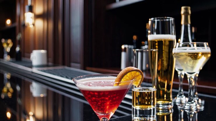 Elegante scena da bar con cocktail e drink su un bancone lucido