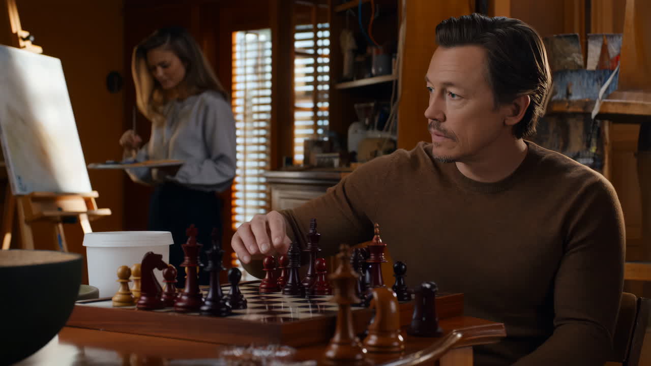 A man plays chess while a woman paints in an indoor setting