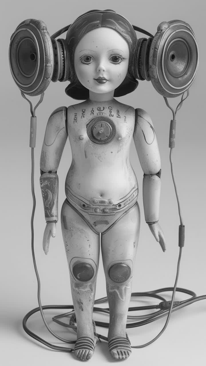 bambole statue femminili in porcellana con altoparlanti audio e cuffie fatte con ai
