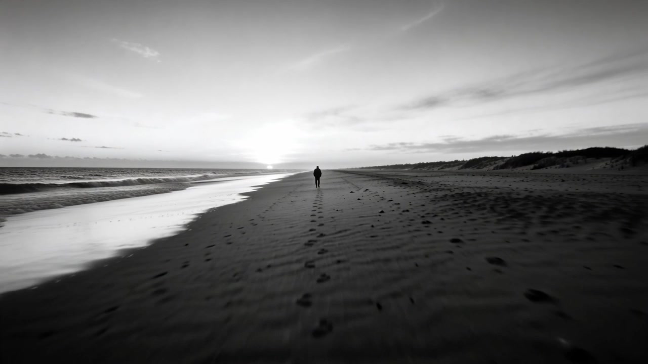 Walking adult in jacket, long pants to horizon with sun lowering, leaving footprints on wet sand