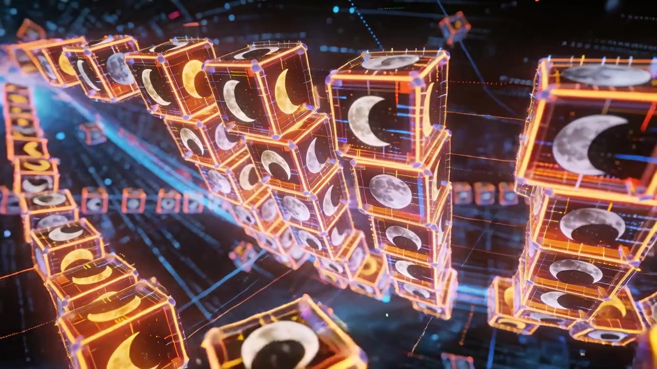 Viewpoint shifting, camera pushing through deep void, showing spiral moon cubes with neon edges