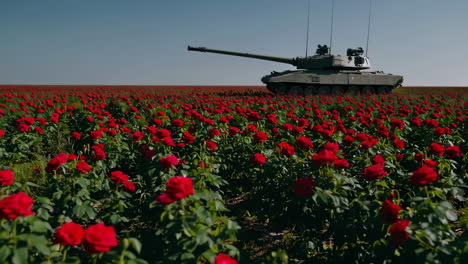 tank in a field of red roses