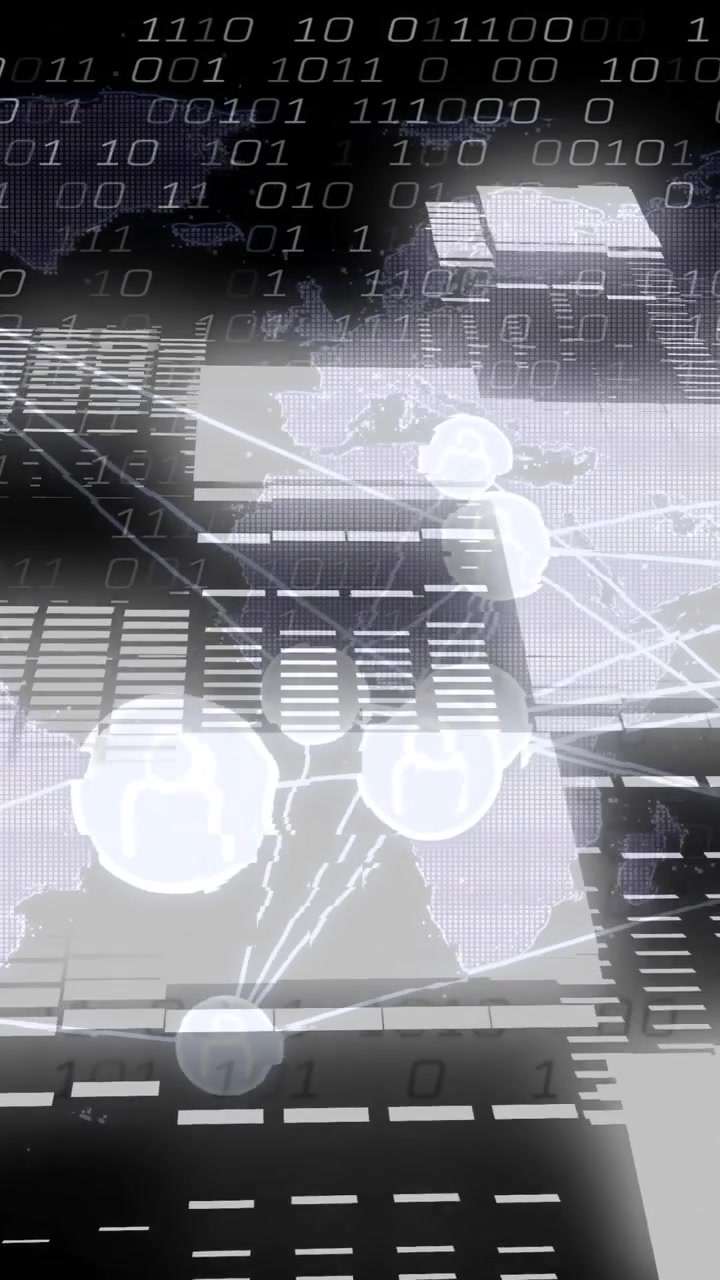 Animating global network connections and data transfer over world map and binary code