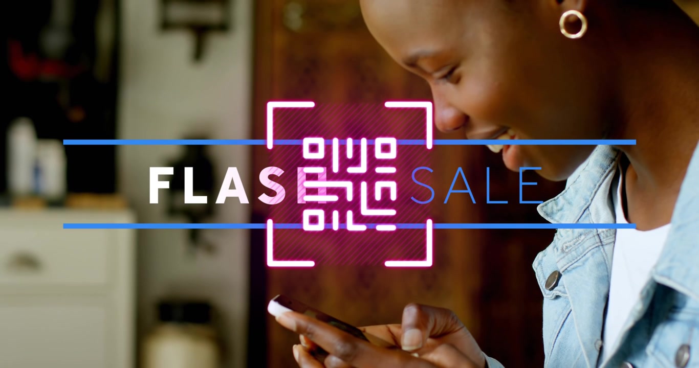 Animation of flash sale text and qr code over african american woman using smartphone