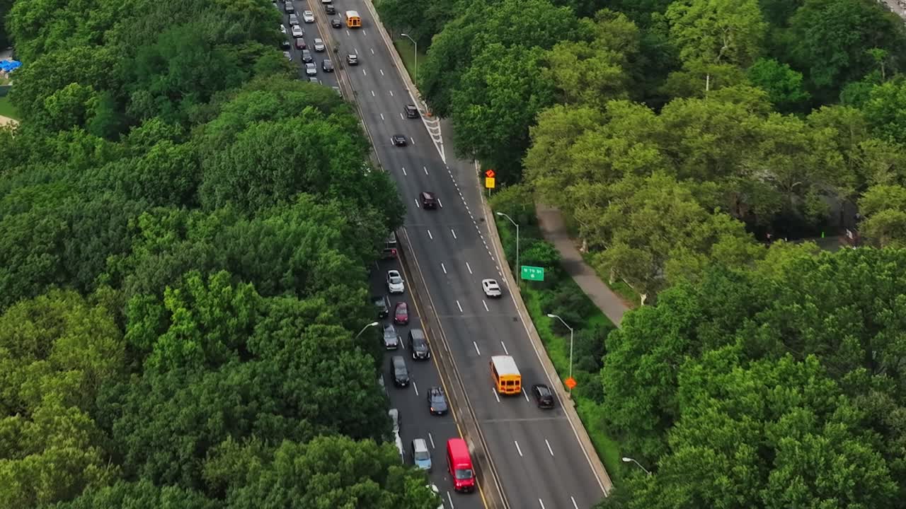 Busy urban road surrounded by lush greenery in New York