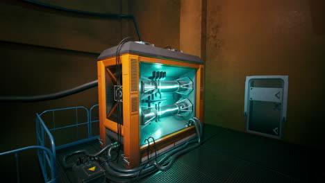 futuristic laboratory with advanced technology and glowing energy core at night