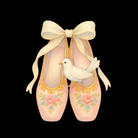 Elegant ballet shoes with bird animation isolated asset, transparent 4K video, alpha channel, ProRes
