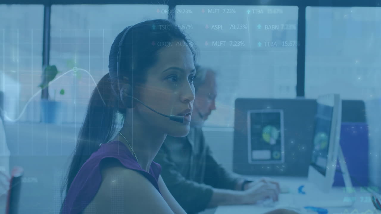 Animation of data processing and diagrams over diverse colleagues using phone headsets in office