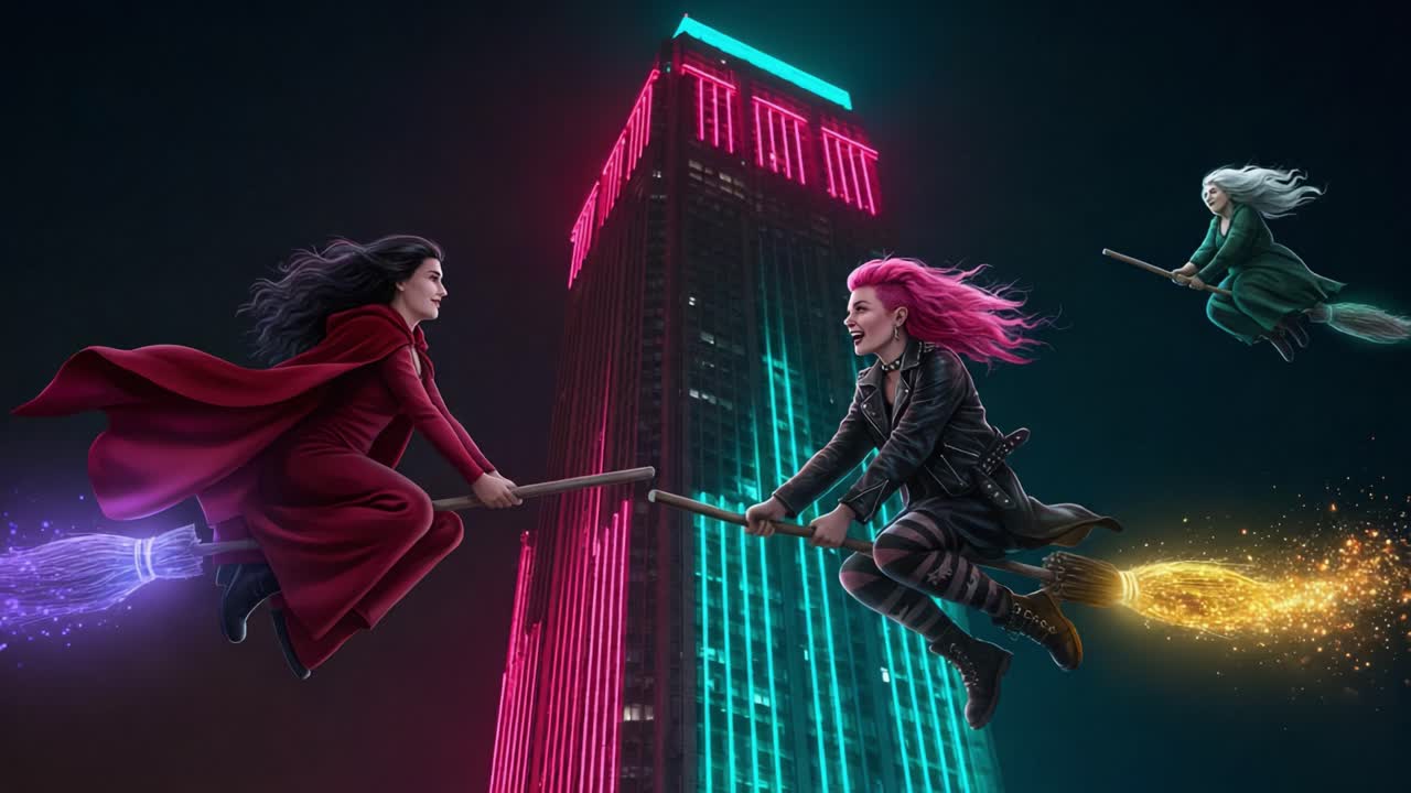 A Magical Encounter: Three Witches Soar Through the Night Sky, Riding Brooms Against the Backdrop of a Colorful, Neon-Lit Skyscraper