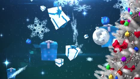 Animation-of-decorated-white-christmas-tree,-with-falling-snowflakes,-gifts-and-baubles