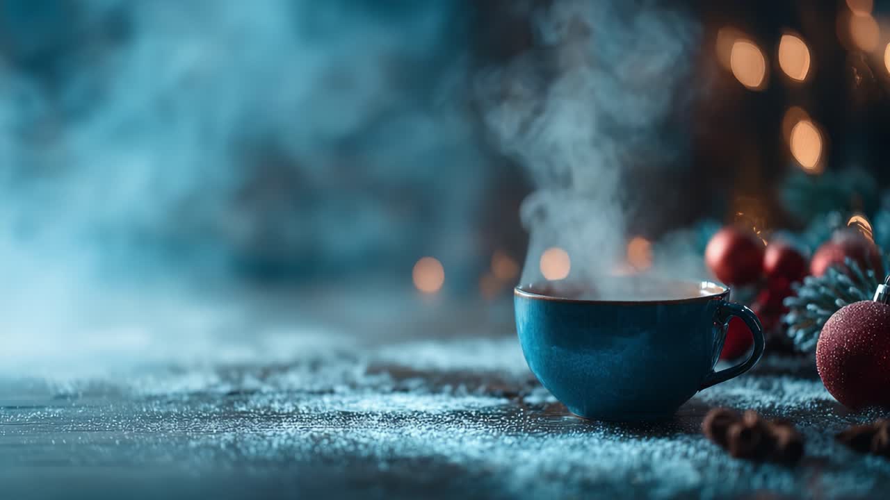 A Cozy Winter Scene Featuring a Steaming Cup of Hot Beverage Surrounded by Festive Ornaments and Frosty Winter Decor in a Warm and Inviting Atmosphere