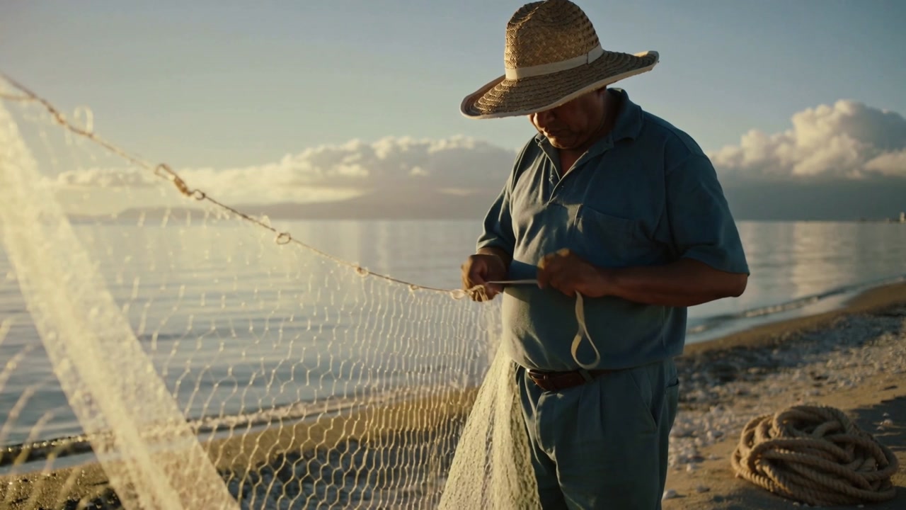 Holding stretched net, straw-hat fisherman mending mesh shoreline for fishing with rope, copy space
