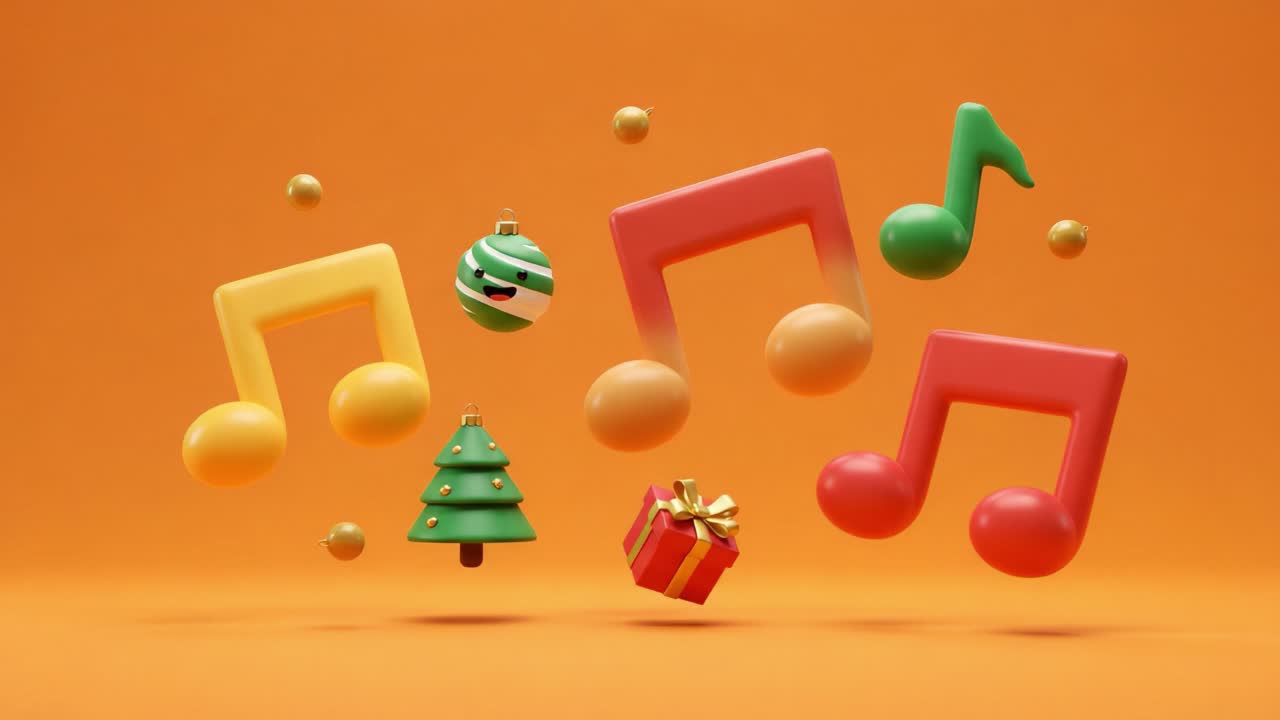 Festive Melodies: A Vibrant Celebration of Christmas with Colorful Decorations and Musical Notes in a Cheerful Orange Background