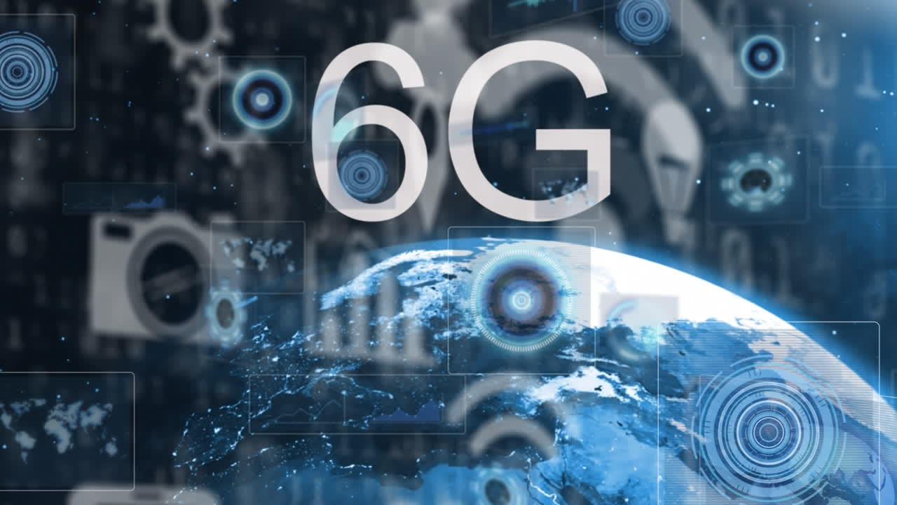 animación de 6g texto y procesamiento de datos financieros en todo el mundo