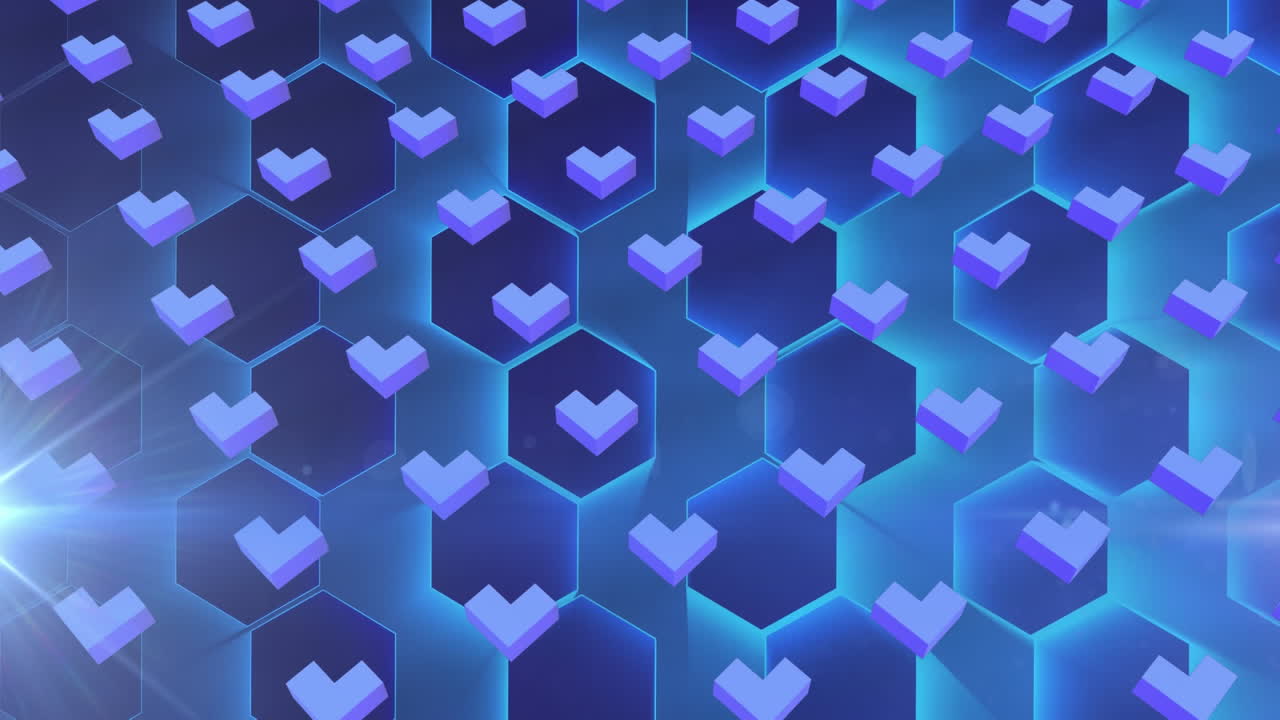 animación de múltiples formas 3d que se mueven en formación sobre una red de hexágonos