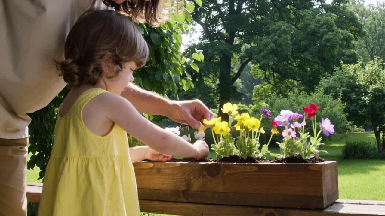 Adulto inclinado guiando a un niño con vestido amarillo a colocar plantas en una jardinera de terraza, presionando la tierra, espacio para texto.