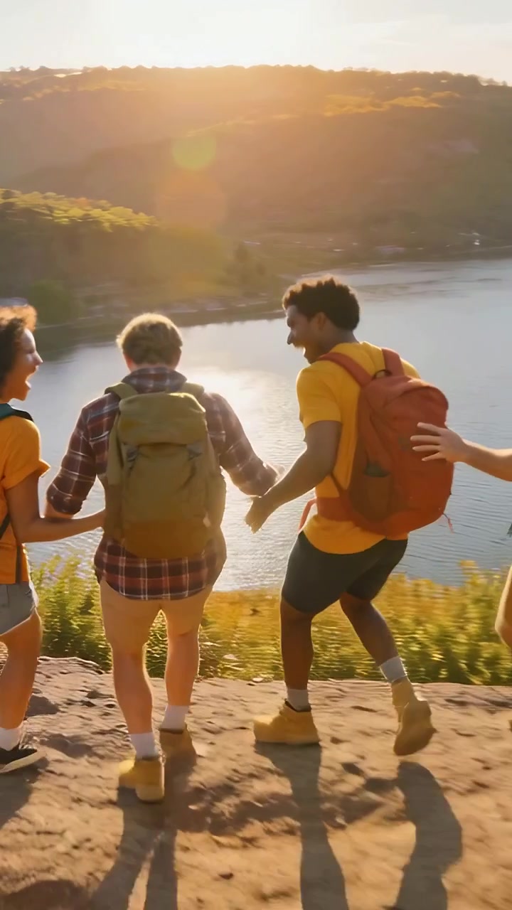 Vertical video: Celebrating with sunlight flaring three hikers with packs walking along lake bluff