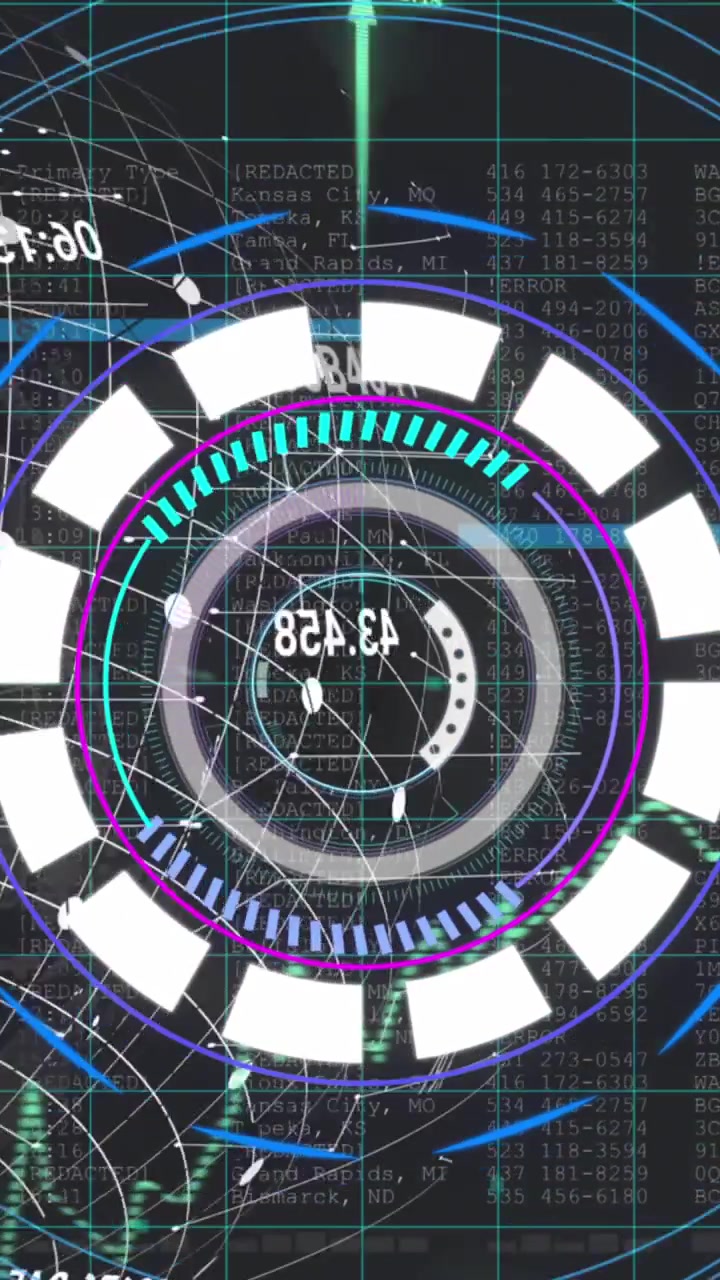 Animation of grid pattern and numbers over arrows, map and arc reactor against computer interface