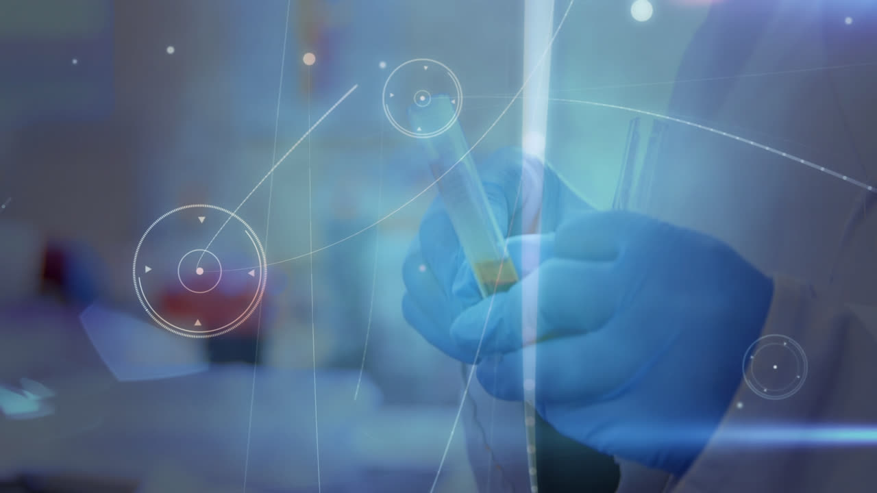 animación de la red de conexiones sobre las manos del trabajador de laboratorio con la muestra