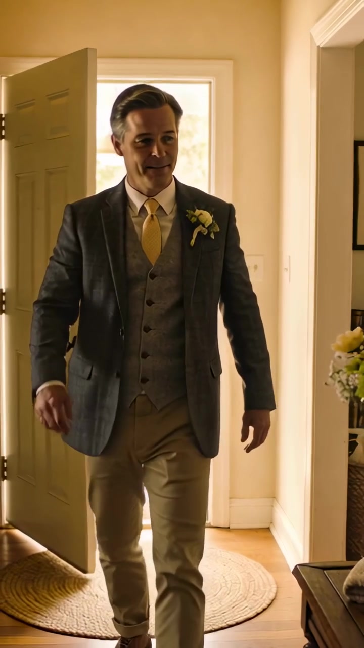 Video verticale: Apertura di una porta, uomo in abito che entra nell'atrio, che indossa una boutonnière per un evento