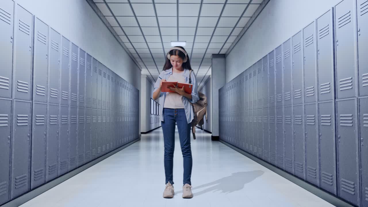 cuerpo lleno de estudiante adolescente asiática con una mochila con auriculares y tomando notas en el cuaderno mientras estaba de pie en el pasillo