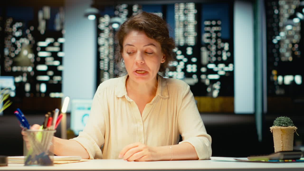 Vertical Video POV of entrepreneur greeting people on video call conference at desk