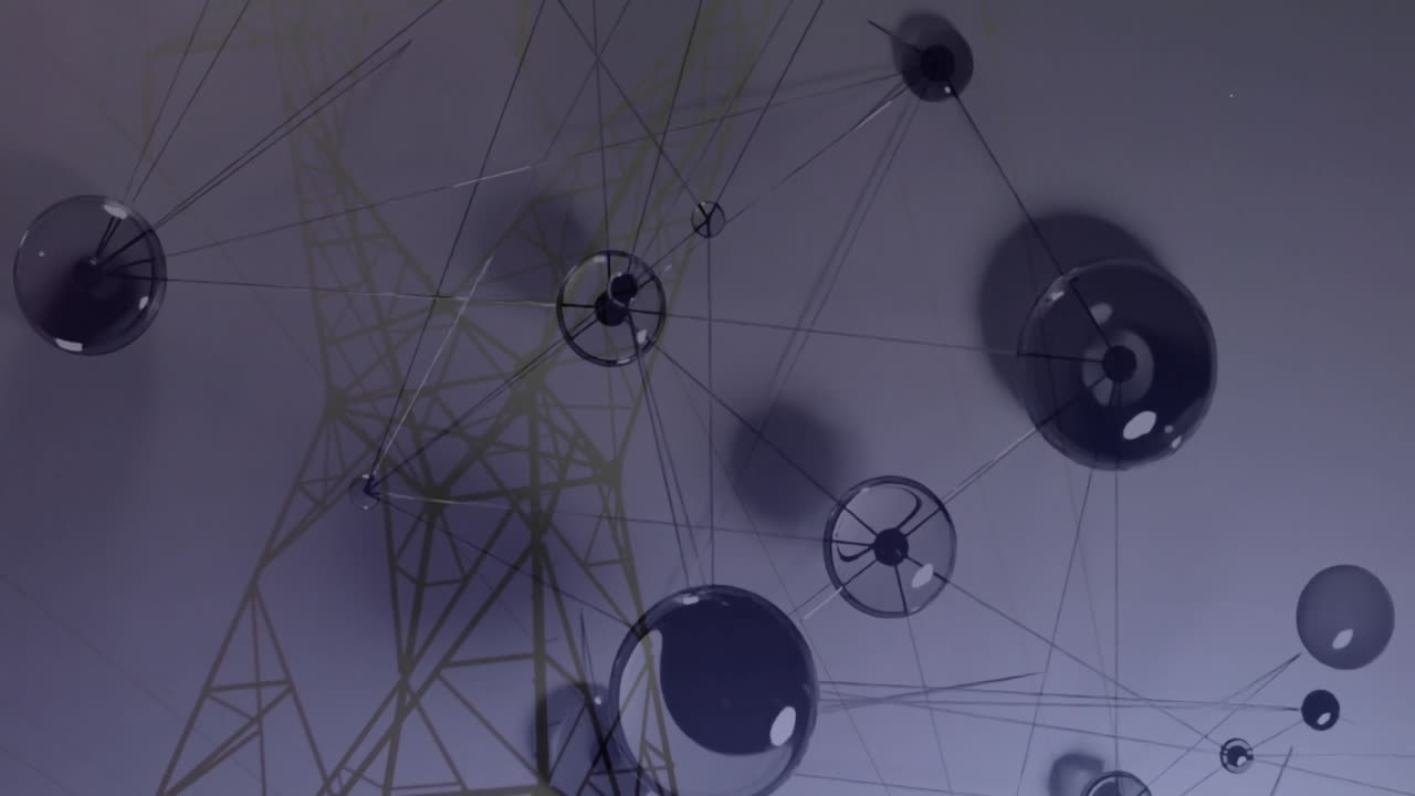 Translucent glass spheres floating and connecting in 3D render with wireframe lattice structure