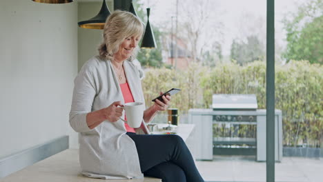a woman uses her phone while sitting on a kitchen counter