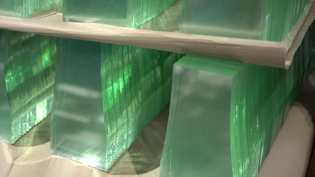 나무 팔레트에 쌓인 완성 된 유리 요소의 검토