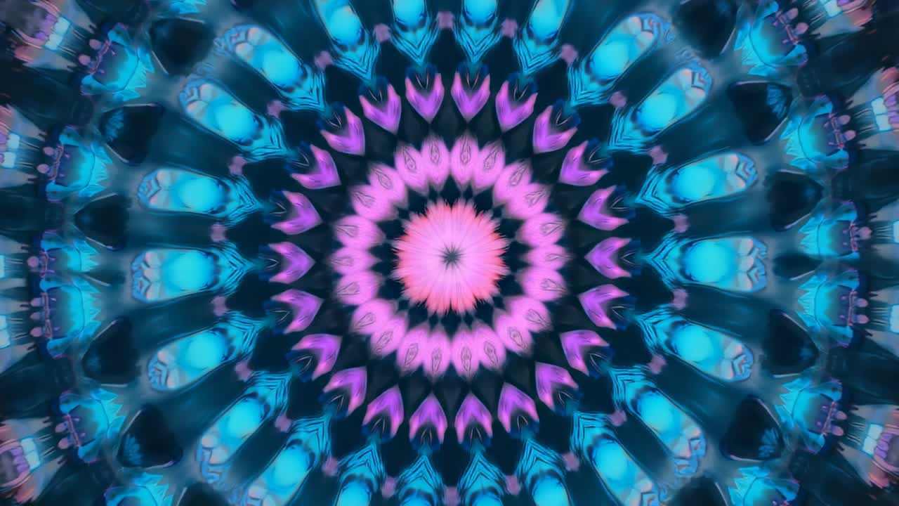 On playback start pulsing mandala pattern shifting hues in digital field, showing transitions