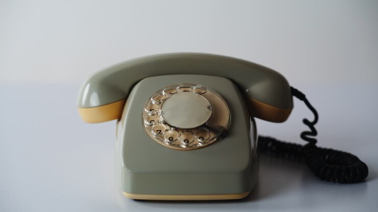 Gros plan d’une main décrochant un téléphone rotatif sur fond blanc. Homme non reconnaissable.