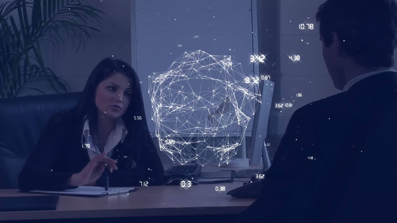 Network of connections and data processing animation over business meeting in office