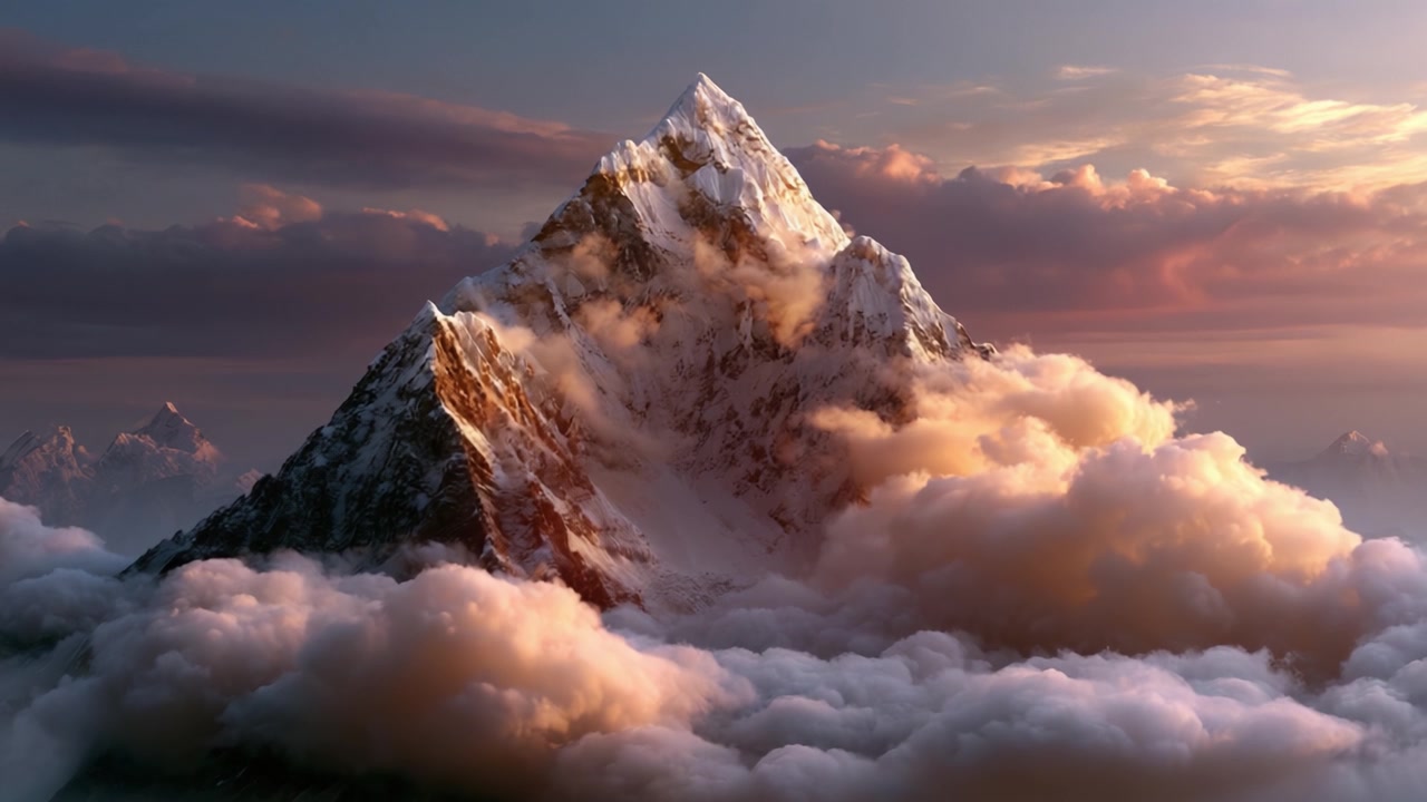 Montagne majestueuse enneigée dominant des nuages sereins au coucher du soleil, mettant en valeur la grandeur de la nature et le jeu de lumière dans un paysage à couper le souffle.