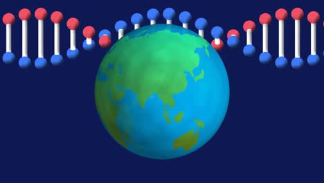 animation of dna strand spinning with globe on blue background