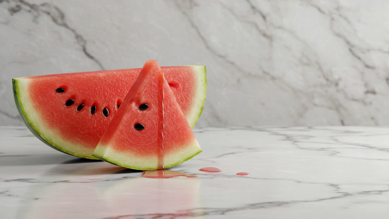 Vibrant Watermelon Slices Resting on a Marble Surface, Juicy Red Flesh and Green Rind, Perfect for a Refreshing Summer Snack or Dessert Presentation