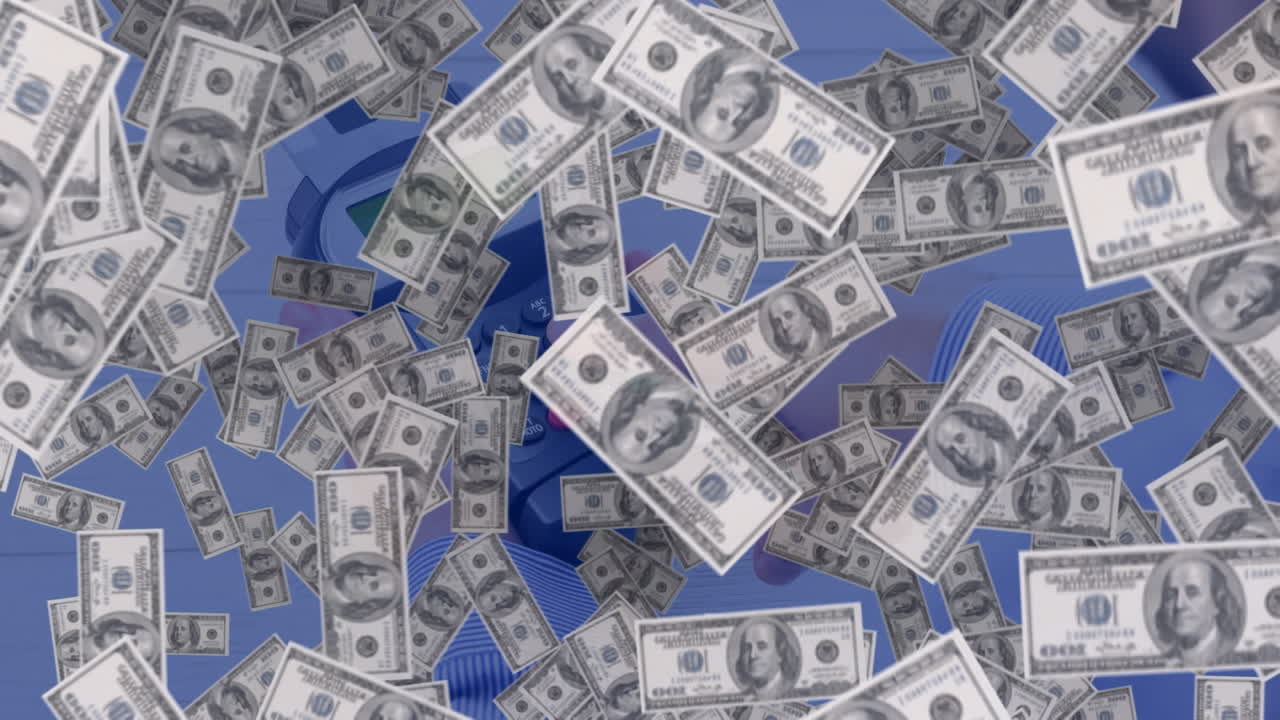 미국 달러 지폐가 결제 터미널 위로 떨어지는 애니메이션